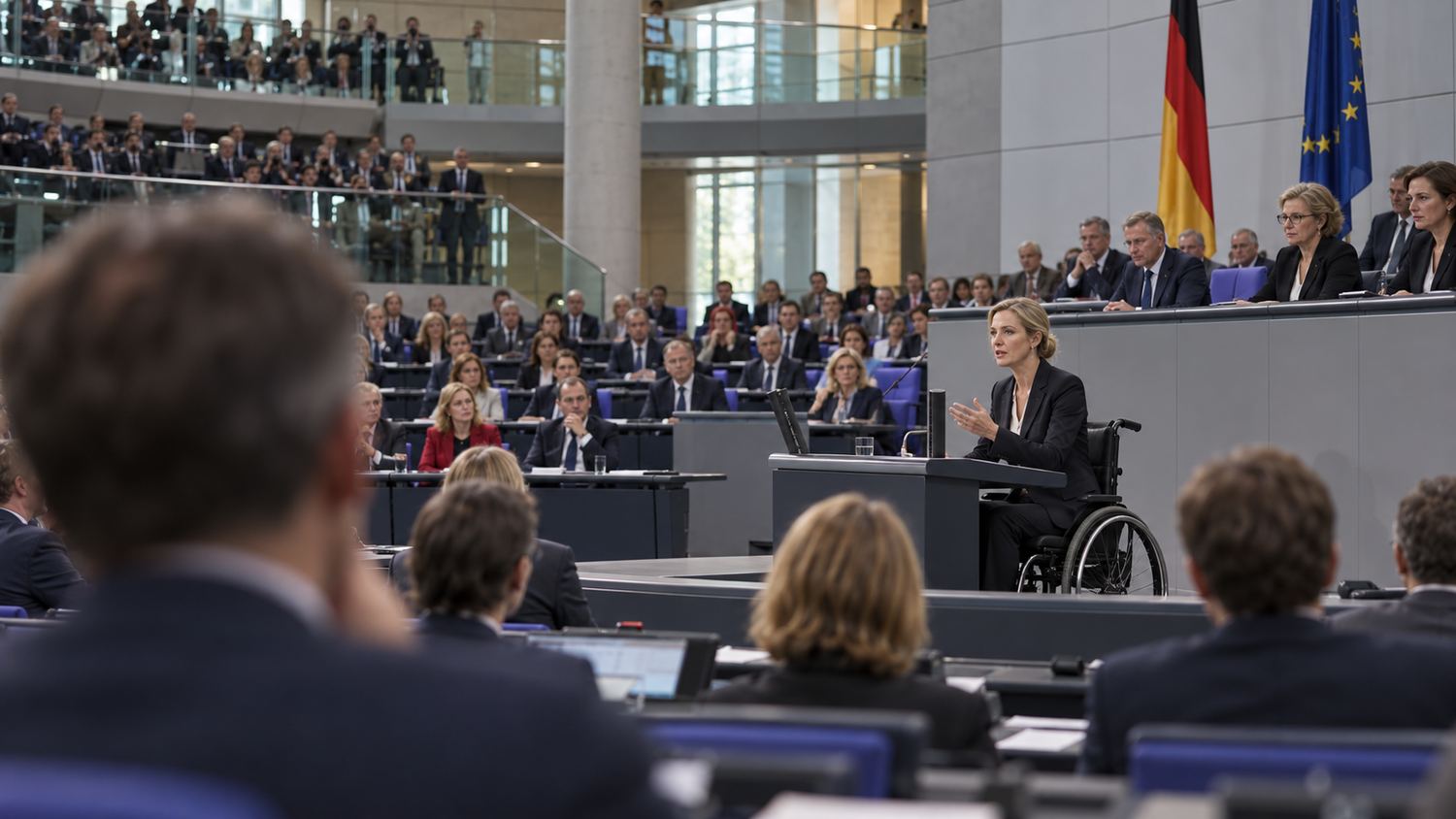 Jenny Ziehms addresses a crowded assembly from her wheelchair
